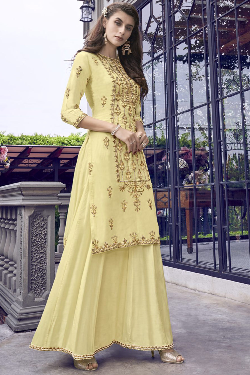 Muslin Embroidered Suit Set Dress Material In Yellow