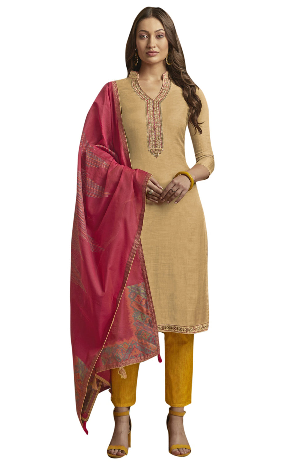 Blended Cotton Embroidered Suit Set Dress Material In Beige