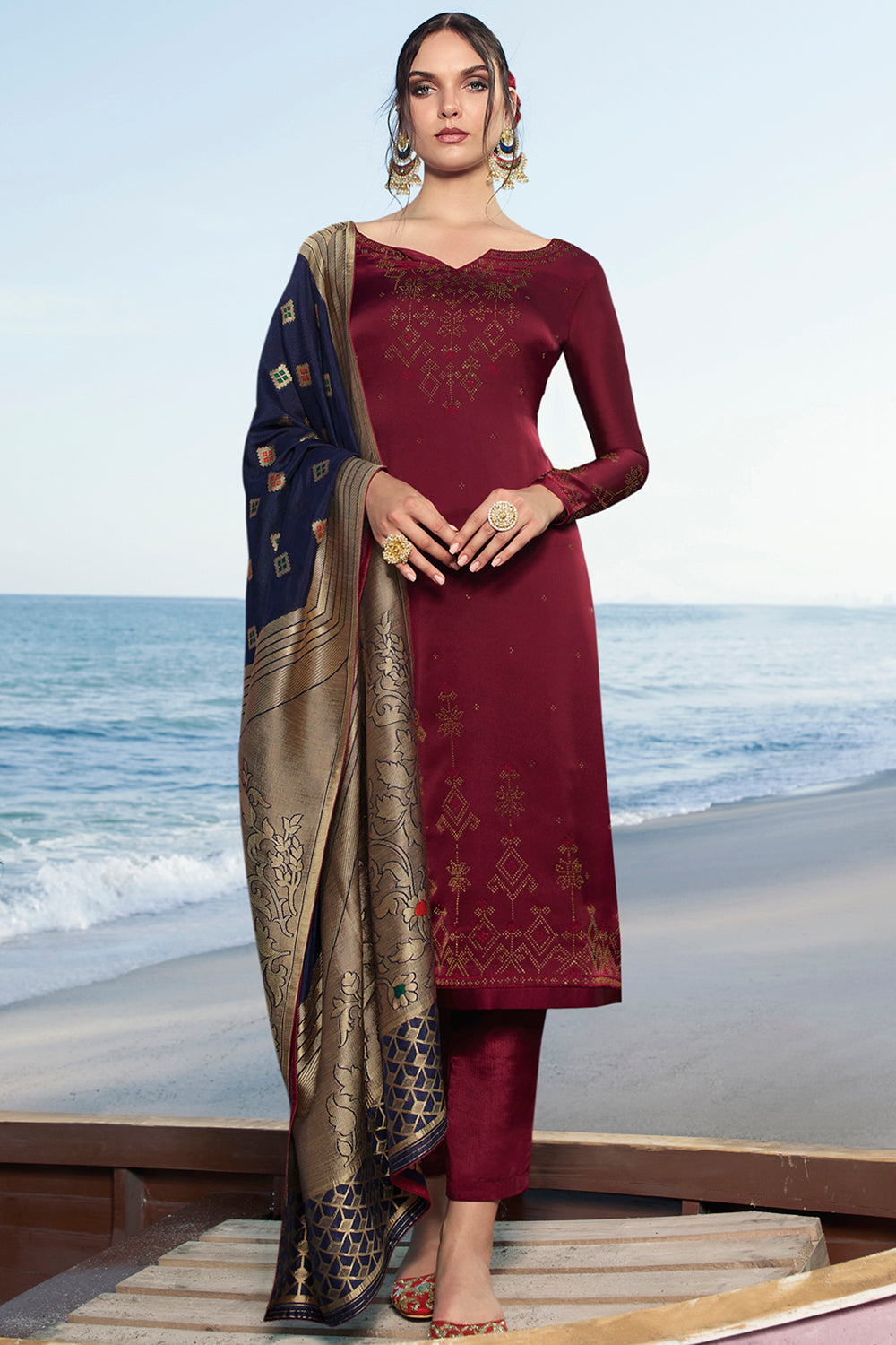 Satin Embroidered Suit Set Dress Material In Maroon