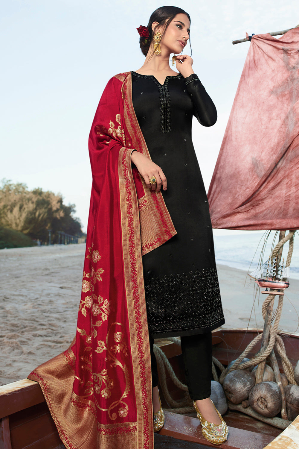 Satin Embroidered Suit Set Dress Material In Black