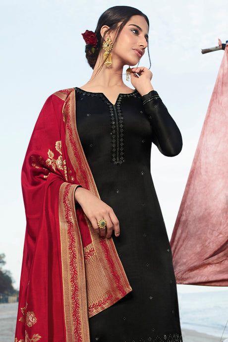 Satin Embroidered Suit Set Dress Material In Black