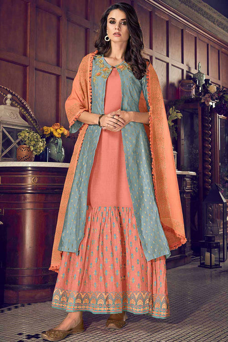 Buy Chanderi Art Silk Embroidered Dress Material in Turquoise and Orange