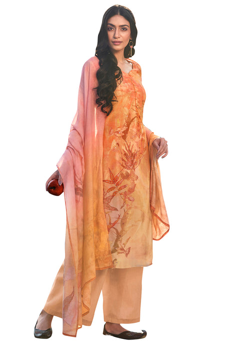 Buy Satin Printed Dress Material In Orange