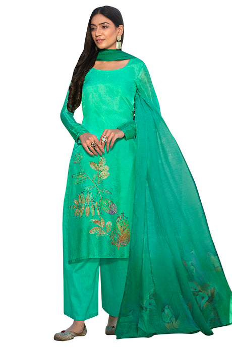 Buy Satin Printed Dress Material In Green