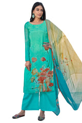 Buy Satin Printed Dress Material In Turquoise