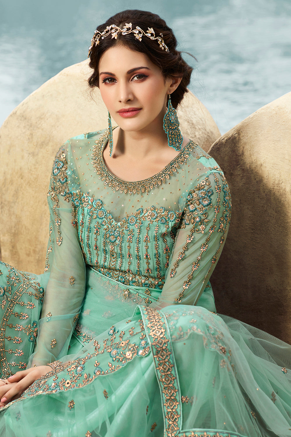 Net Embroidered Sharara Dress Material In Teal