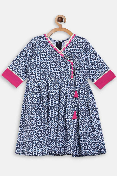 Girl's Crepe Floral Printed Suit Set in Navy Blue