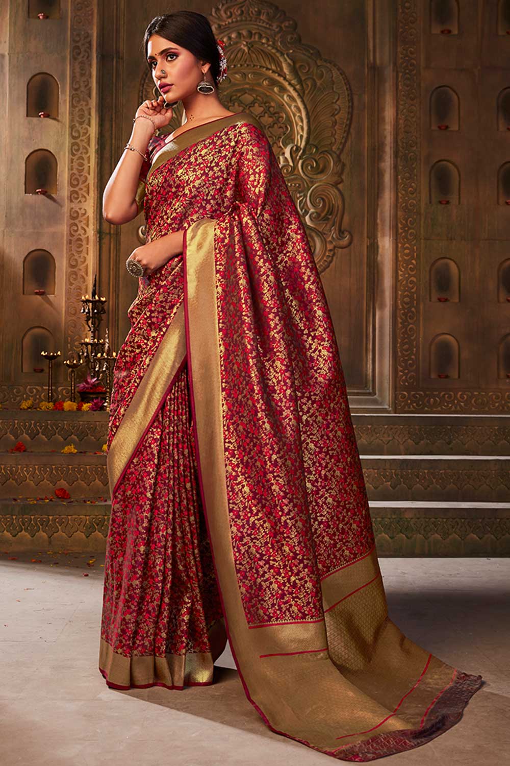 Buy Banarasi Art Silk Woven Saree in Red - Back