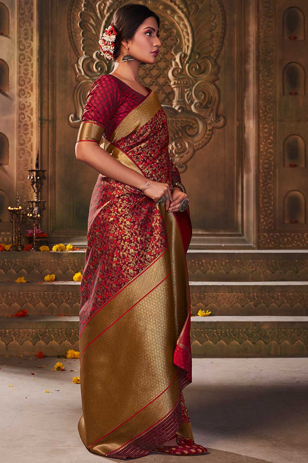 Buy Banarasi Art Silk Woven Saree in Red - Front