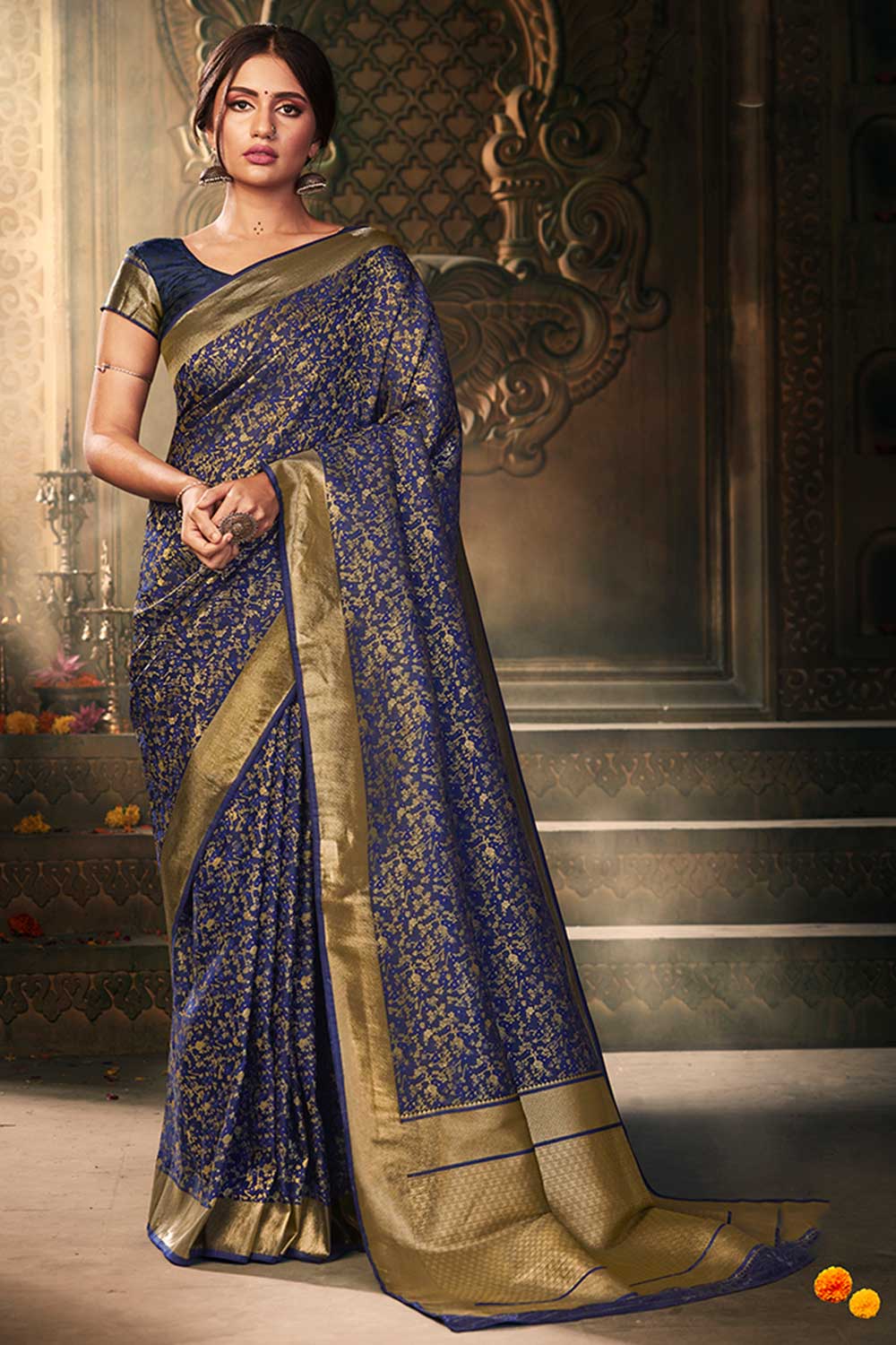 Buy Banarasi Art Silk Woven Saree in Navy Blue Online