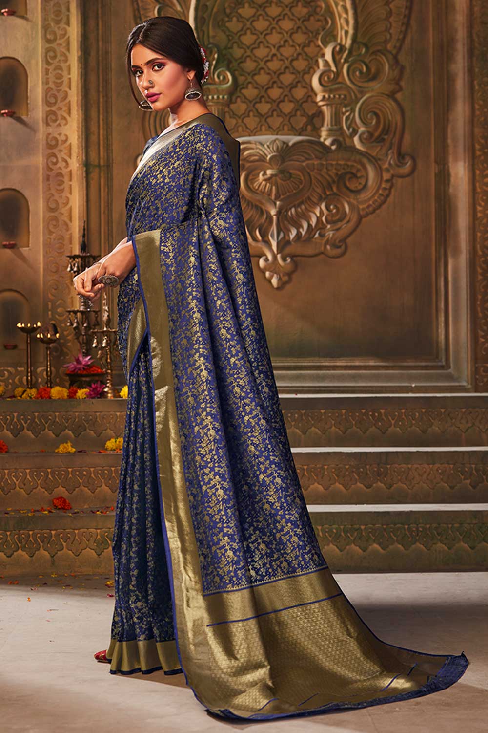 Buy Banarasi Art Silk Woven Saree in Navy Blue - Back