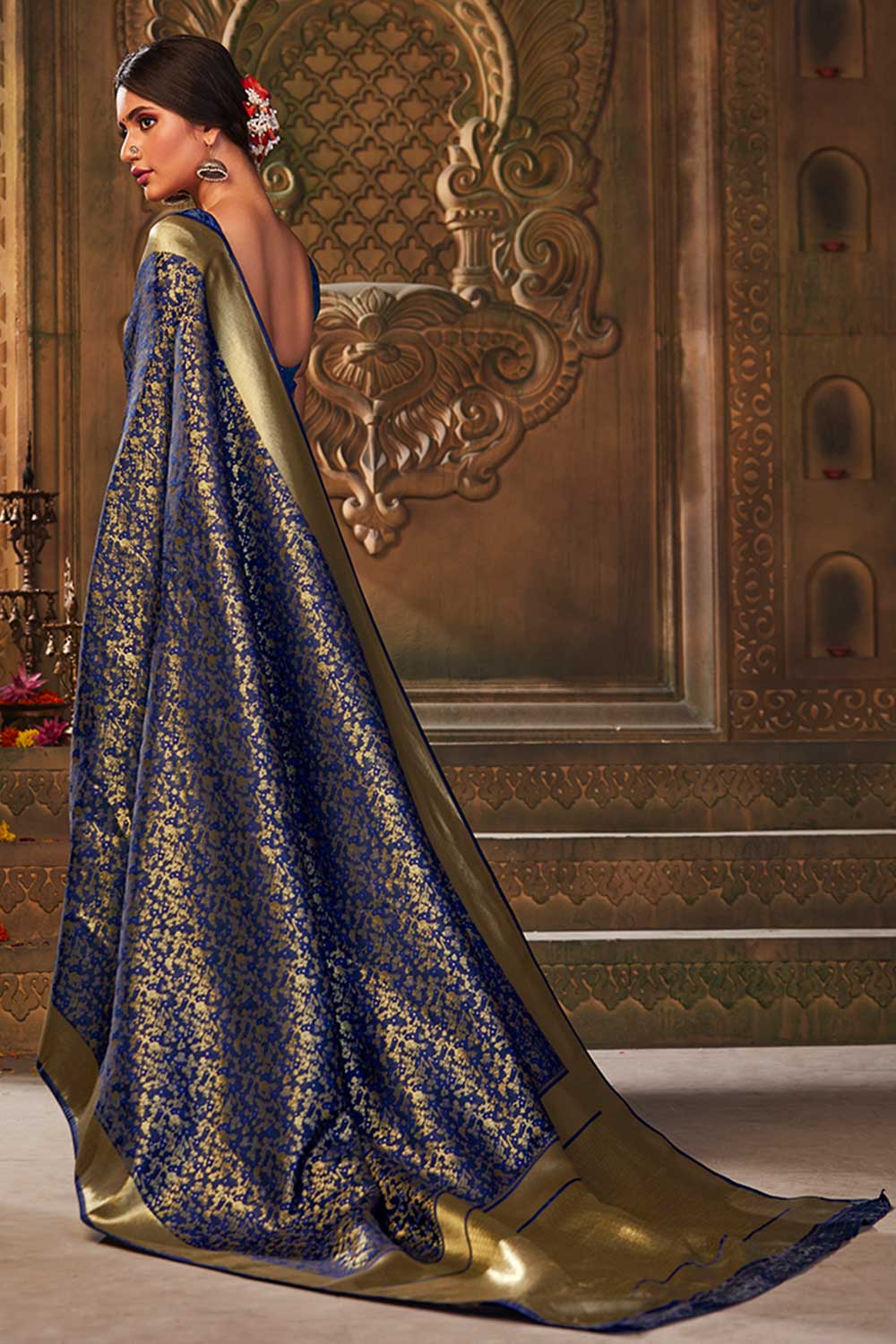 Buy Banarasi Art Silk Woven Saree in Navy Blue - Side