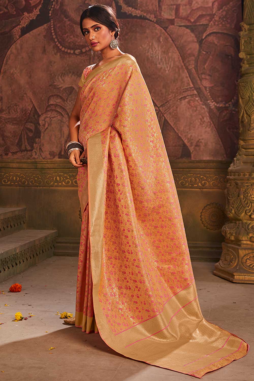 Buy Banarasi Art Silk Woven Saree in Light Orange Online