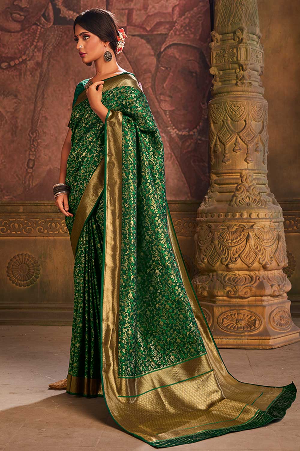 Buy Banarasi Art Silk Woven Saree in Dark Green Online