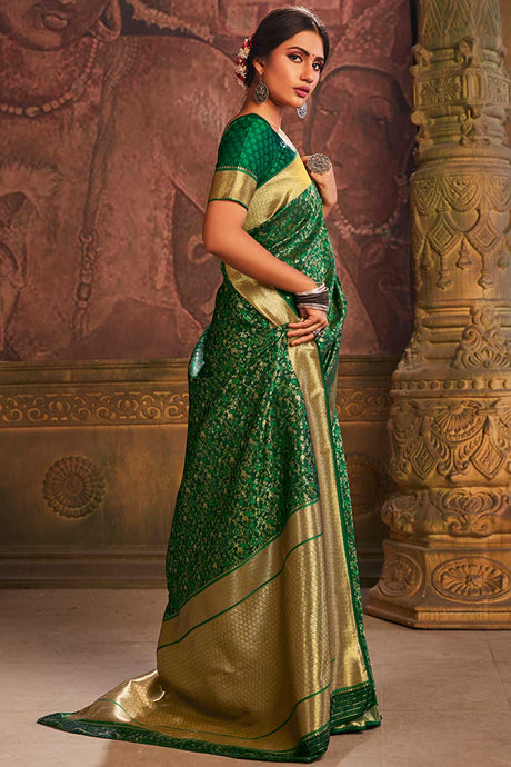 Buy Banarasi Art Silk Woven Saree in Dark Green - Back