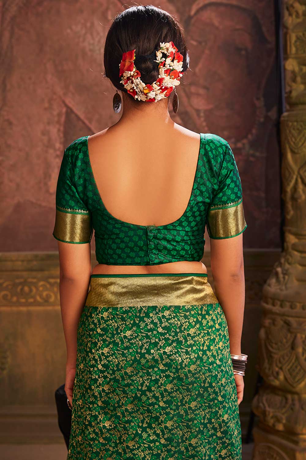 Buy Banarasi Art Silk Woven Saree in Dark Green - Zoom In