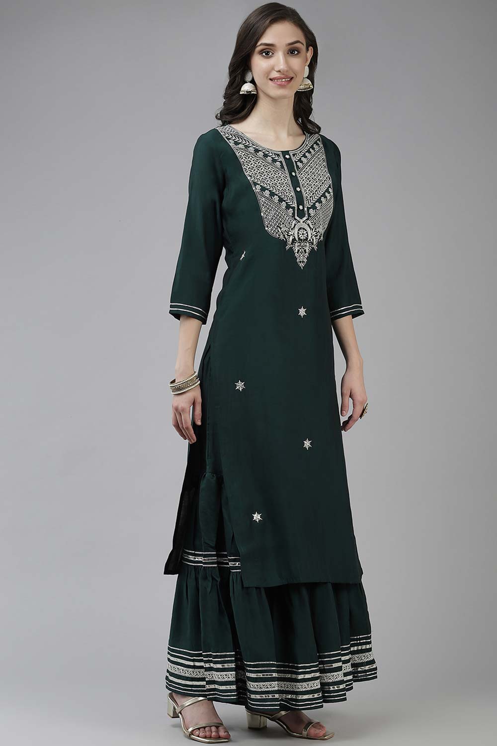 Teal Green Poly Silk Embroidered and Gotta Patti Kurta Set