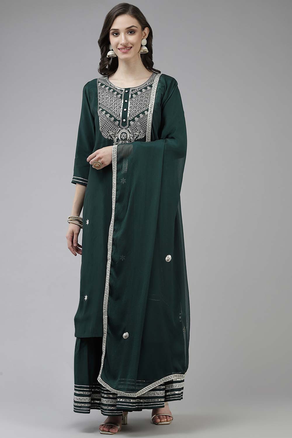 Teal Green Poly Silk Embroidered and Gotta Patti Kurta Set