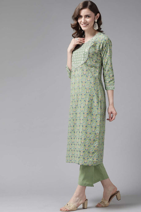 Green Pure Cotton Embroidered And Sequence And Bijia Lace Pant Suit Set