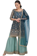 Net Embroidered Suit Set Dress Material In Turquoise