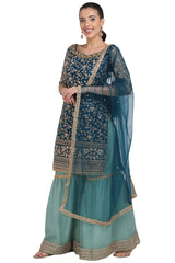 Net Embroidered Suit Set Dress Material In Turquoise