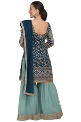 Net Embroidered Suit Set Dress Material In Turquoise