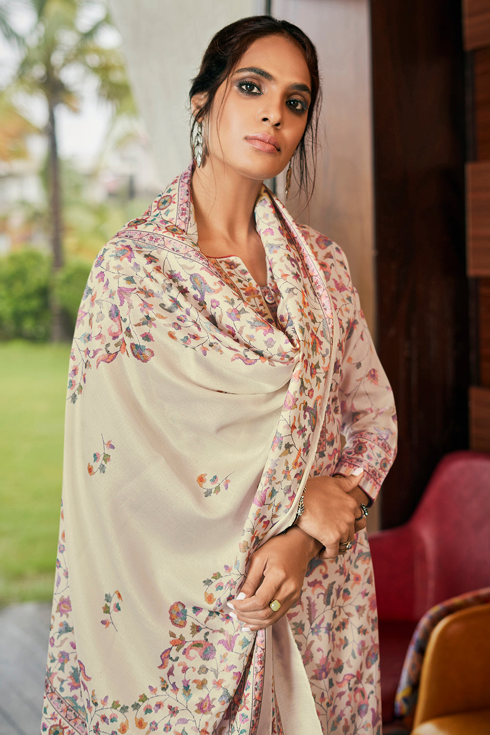 Pashmina Printed Suit Set Dress Material In Cream