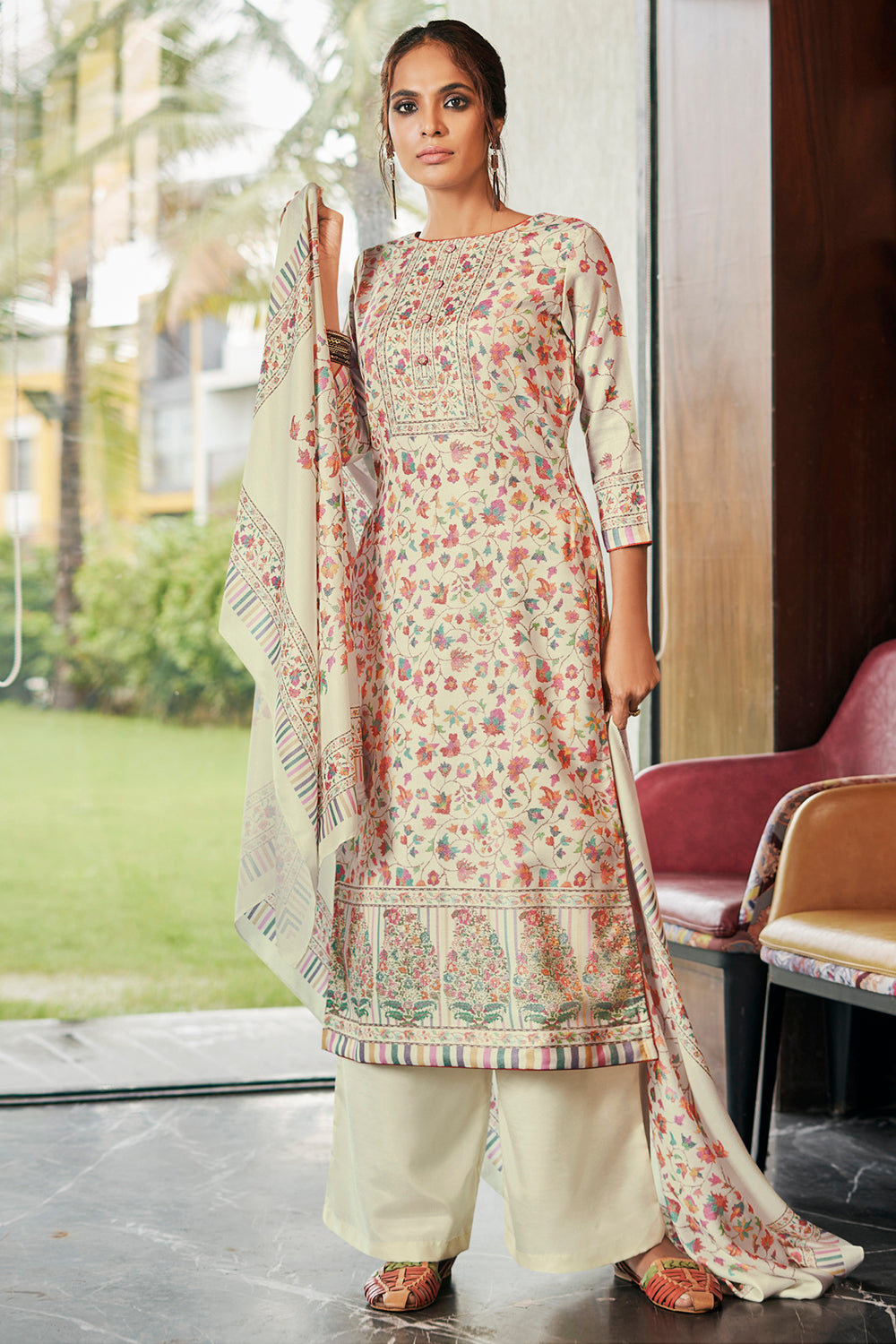 Pashmina Printed Suit Set Dress Material In Cream