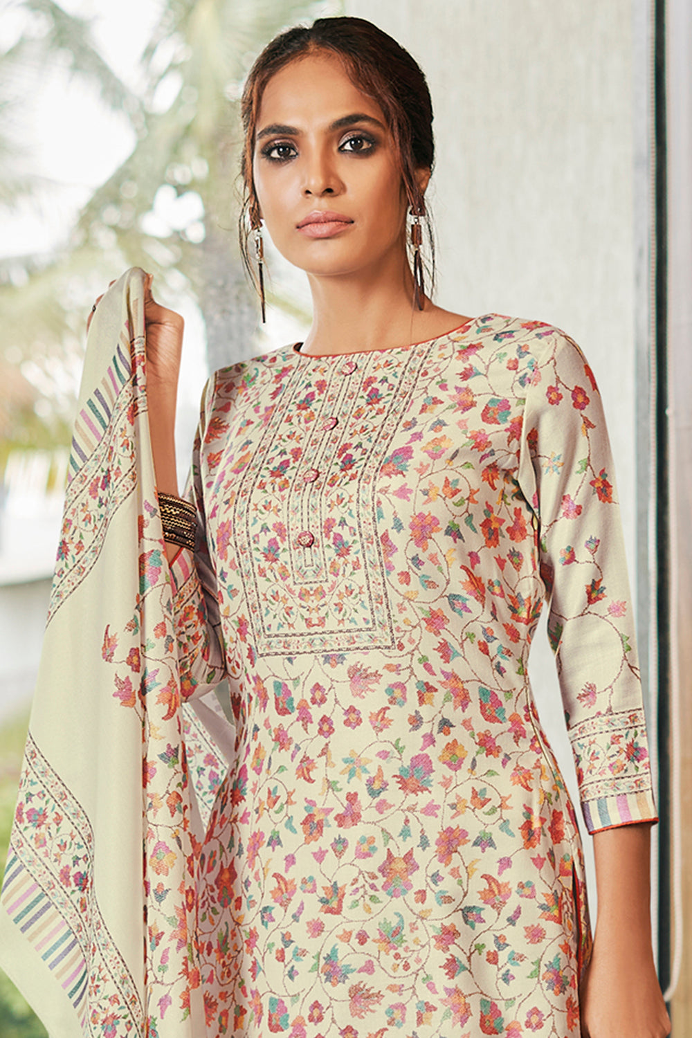 Pashmina Printed Suit Set Dress Material In Cream