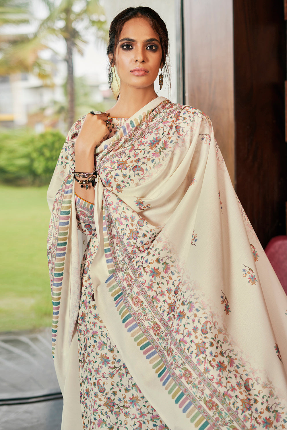 Pashmina Printed Suit Set Dress Material In Cream