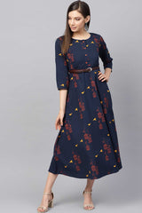 Buy Blended Cotton Abstract Printed Dress in Navy Blue Online
