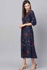 Buy Blended Cotton Abstract Printed Dress in Navy Blue Online - Back