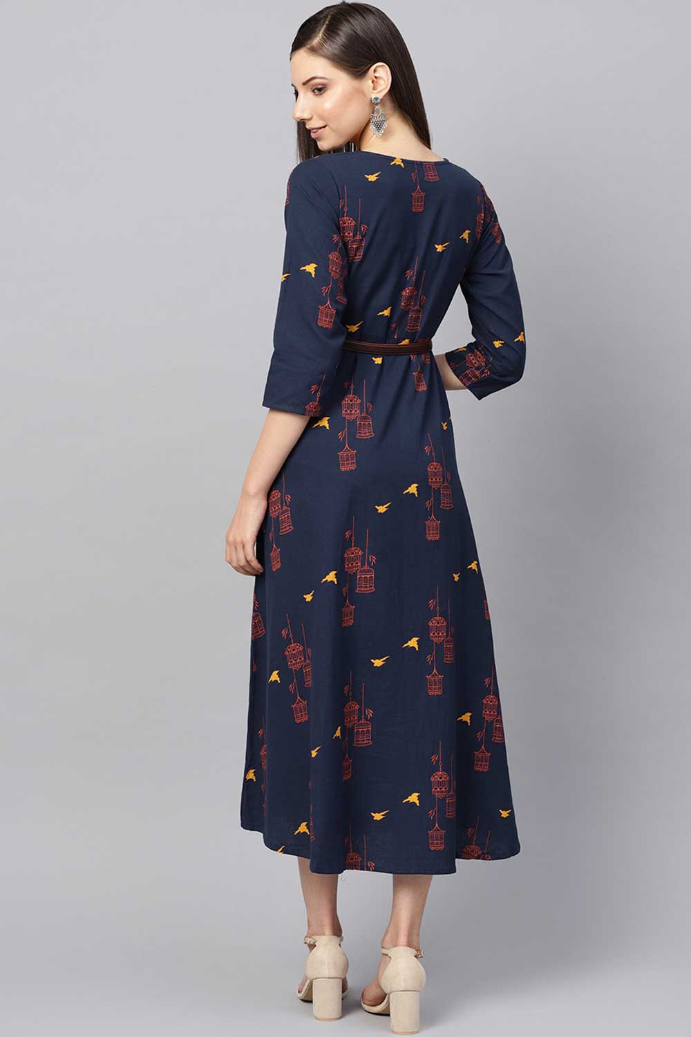 Buy Blended Cotton Abstract Printed Dress in Navy Blue Online - Front