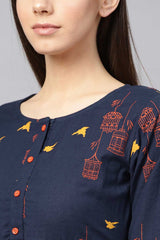 Buy Blended Cotton Abstract Printed Dress in Navy Blue Online - Side
