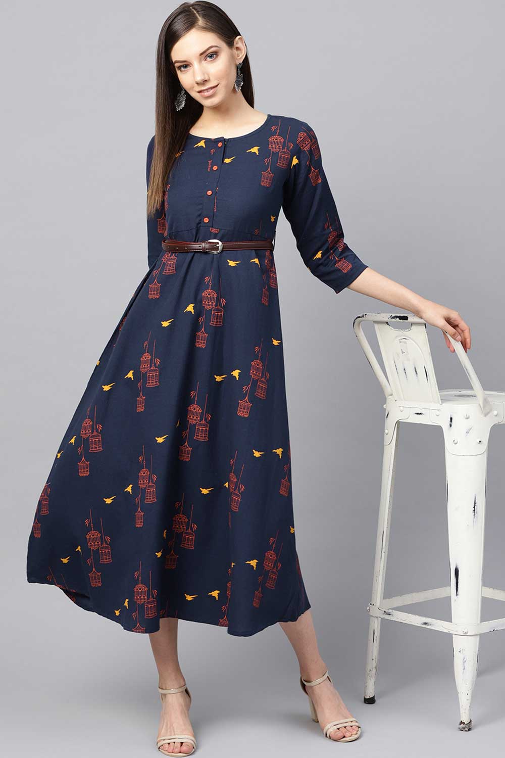 Buy Blended Cotton Abstract Printed Dress in Navy Blue Online - Zoom In