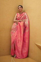 Pink Nylon Two Tone Handloom Weaving Saree