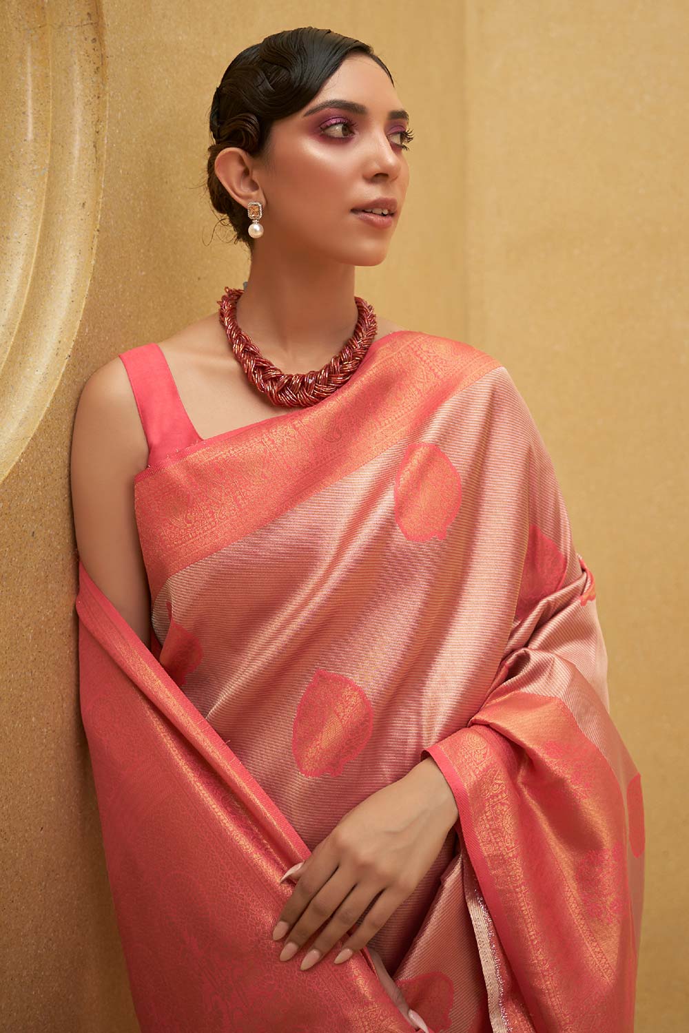 Pink Nylon Two Tone Handloom Weaving Saree