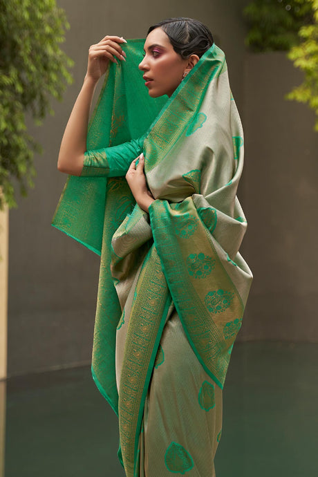 Green Nylon Two Tone Handloom Weaving Saree