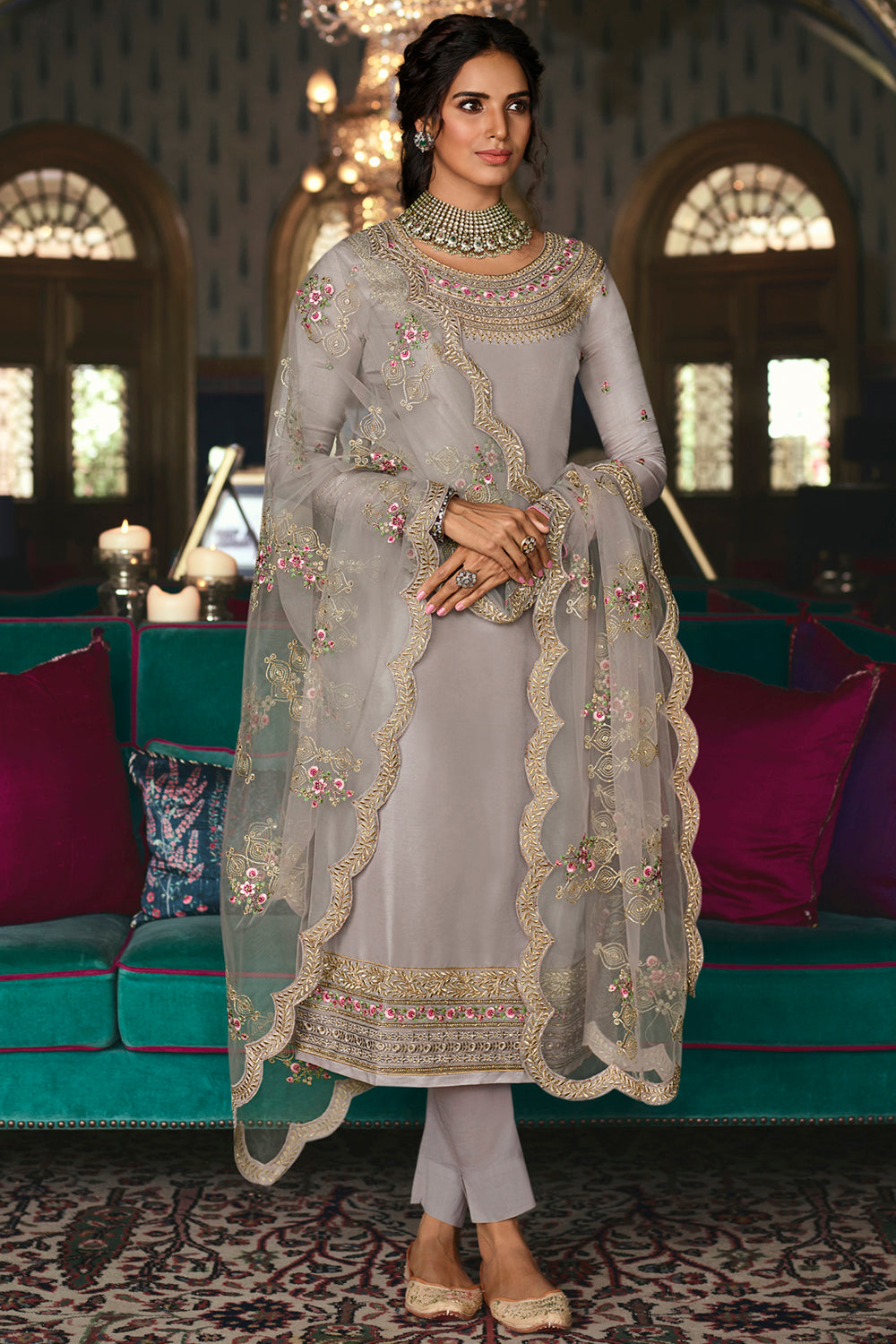 Tussar Art Silk Embroidered Suit Set Dress Material In Grey