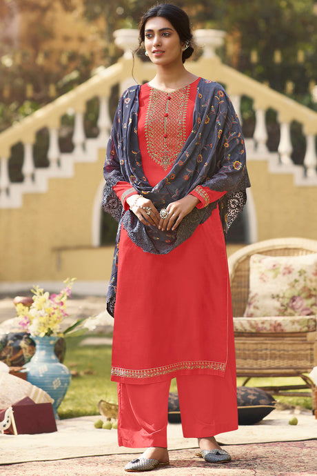 Buy Tussar Art Silk Embroidered Dress Material in Coral