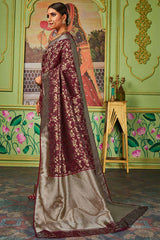 Buy Banarasi Art Silk Woven Saree in Maroon - Back