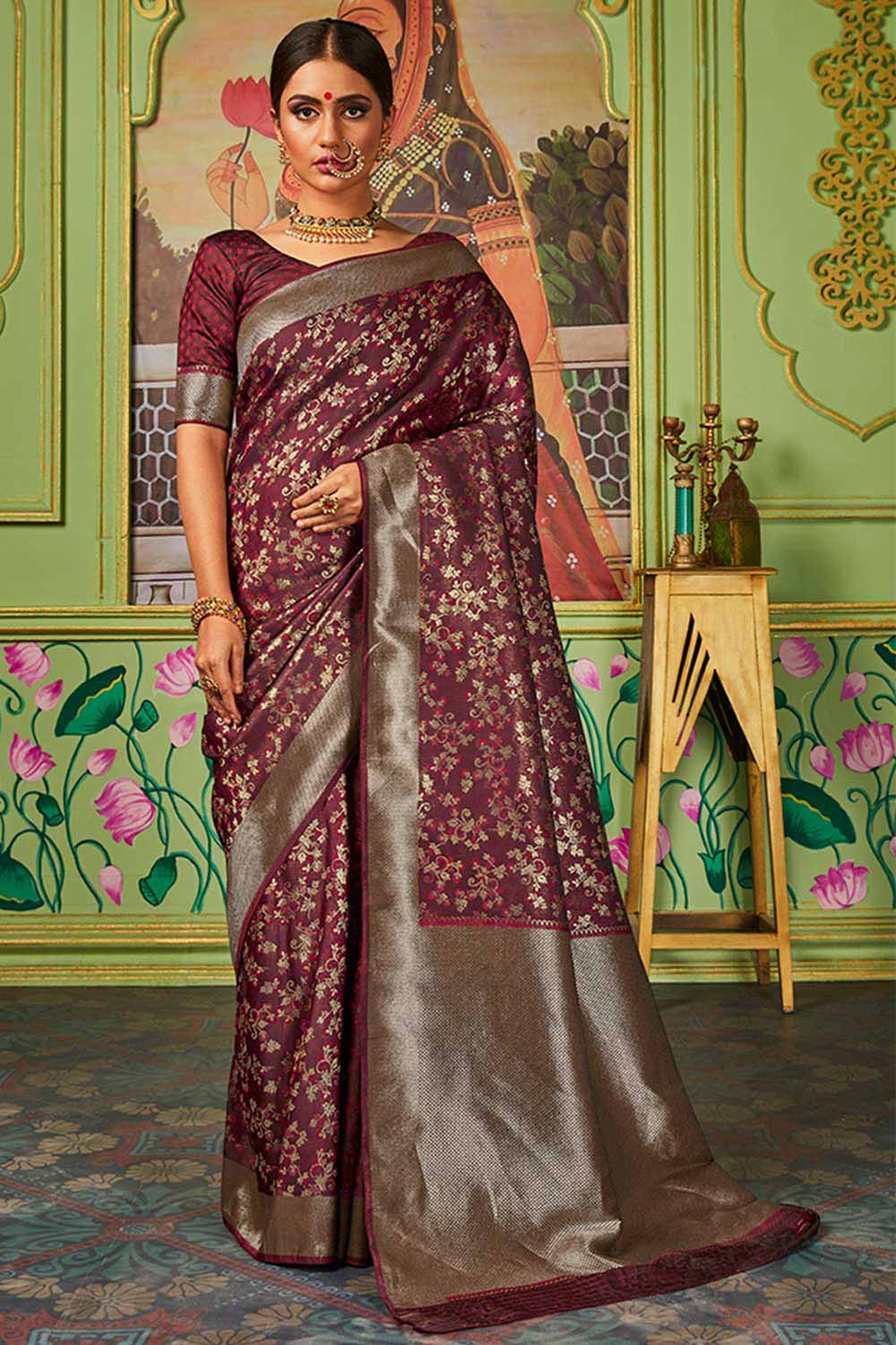 Buy Banarasi Art Silk Woven Saree in Maroon Online