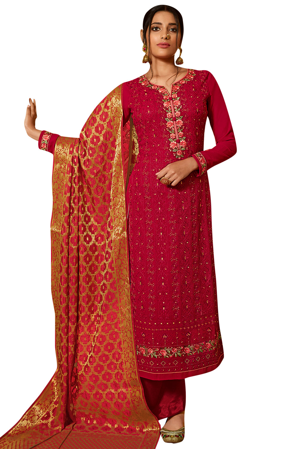 Buy Faux Georgette Embroidered Dress Material in Red