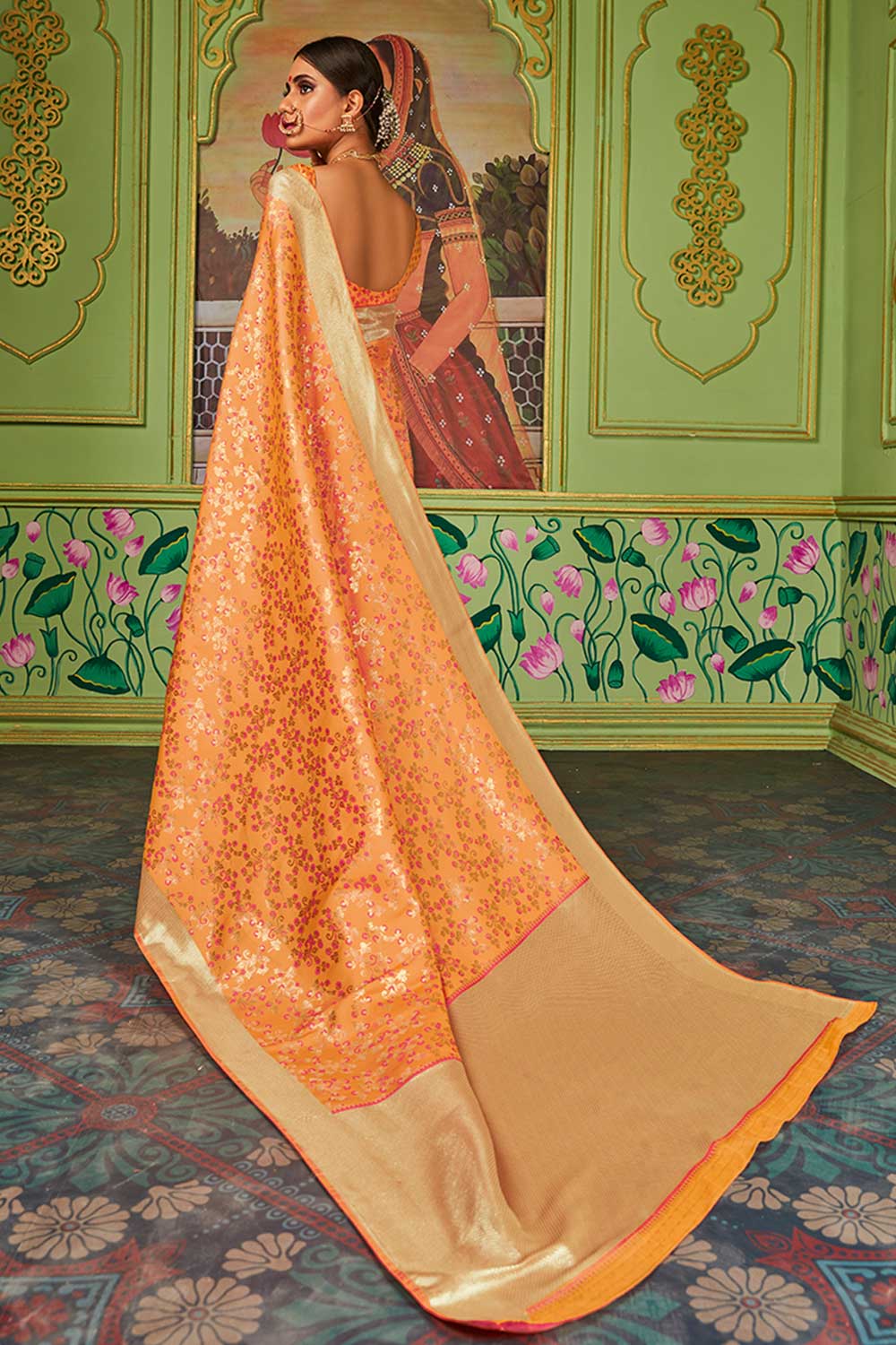 Buy Banarasi Art Silk Woven Saree in Orange - Side