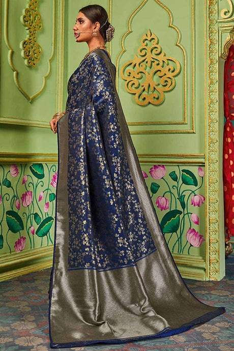 Buy Banarasi Art Silk Woven Saree in Navy Blue - Back