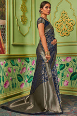 Buy Banarasi Art Silk Woven Saree in Navy Blue - Front