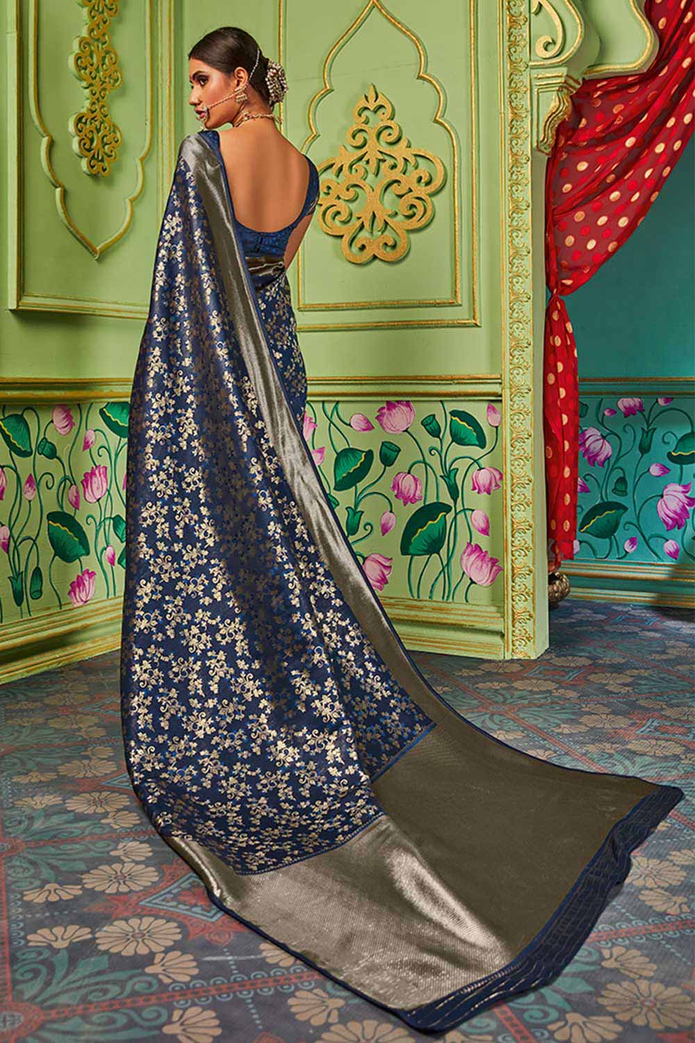 Buy Banarasi Art Silk Woven Saree in Navy Blue - Side