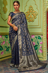 Buy Banarasi Art Silk Woven Saree in Navy Blue Online