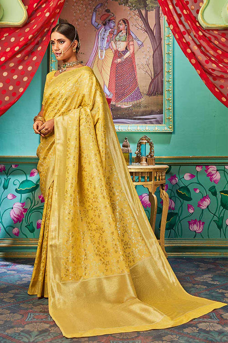 Buy Banarasi Art Silk Woven Saree in Yellow - Back