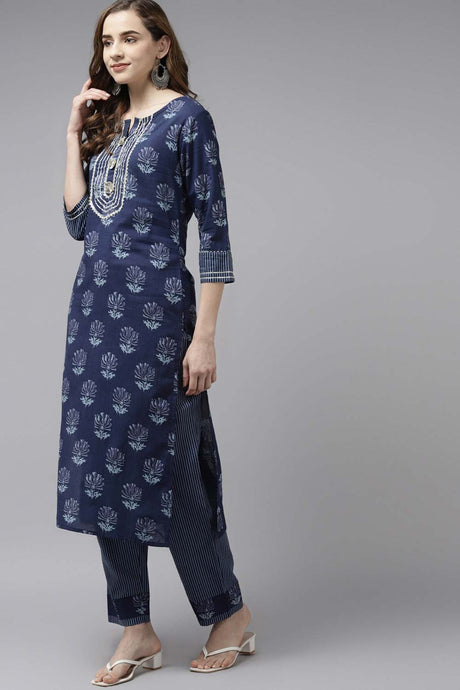 Navy Blue Pure Cotton Gott Patti Palazzo Suit Set